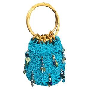 Turquoise Beaded Crochet Handbag Wooden Ring Handles Small Purse